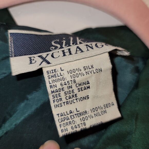 Silk Exchange Womens L Green Floral Silk Zip Jacket VTG Lightweight Windbreaker - Picture 6 of 7